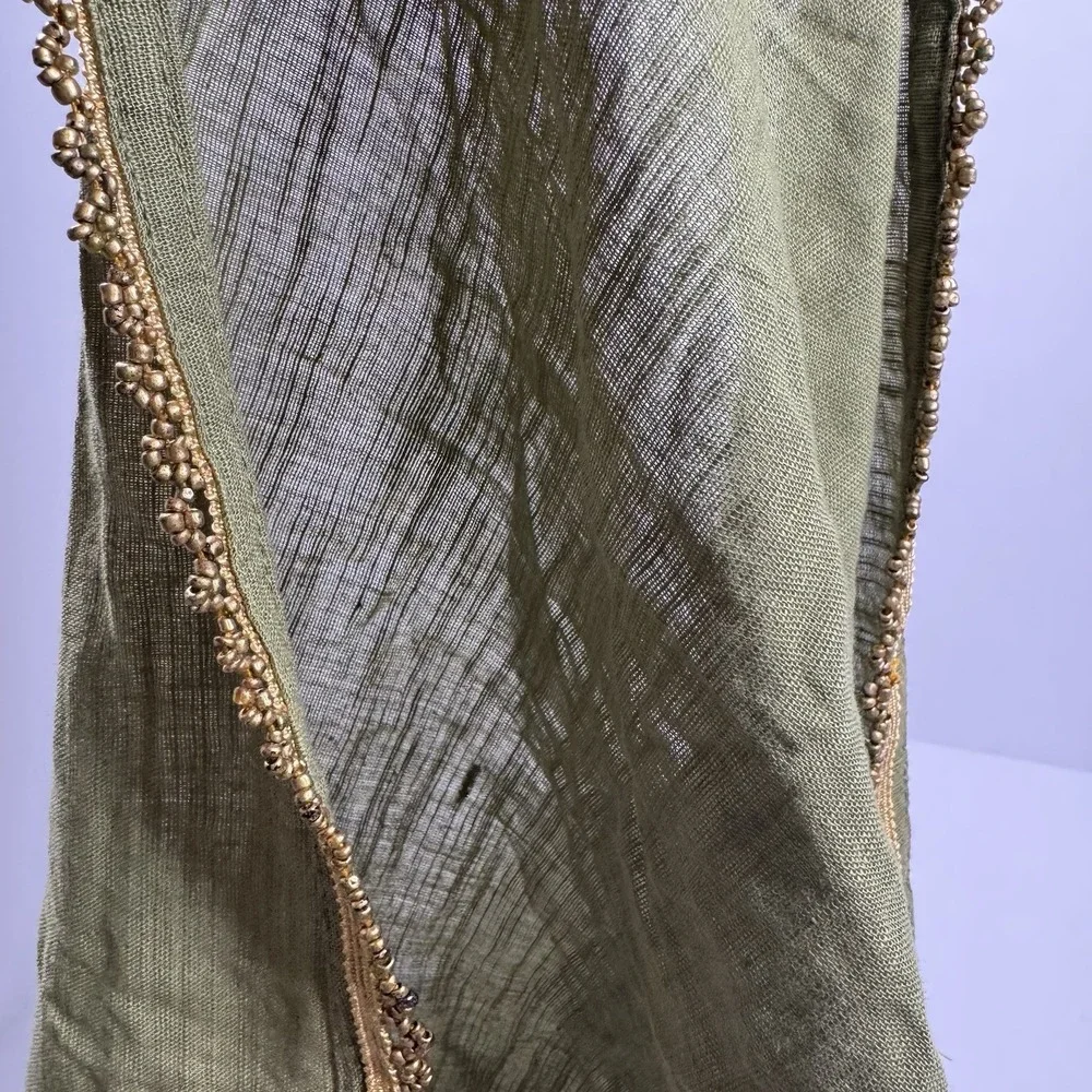 Boho Chic Olive Green Linen Dinner Napkins Antique Gold Glass Seed Bead Trim X5